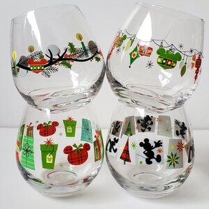 DISNEY Christmas 4pc Stemless Wine Glasses Holiday Motifs Plaid Green Red Gifts